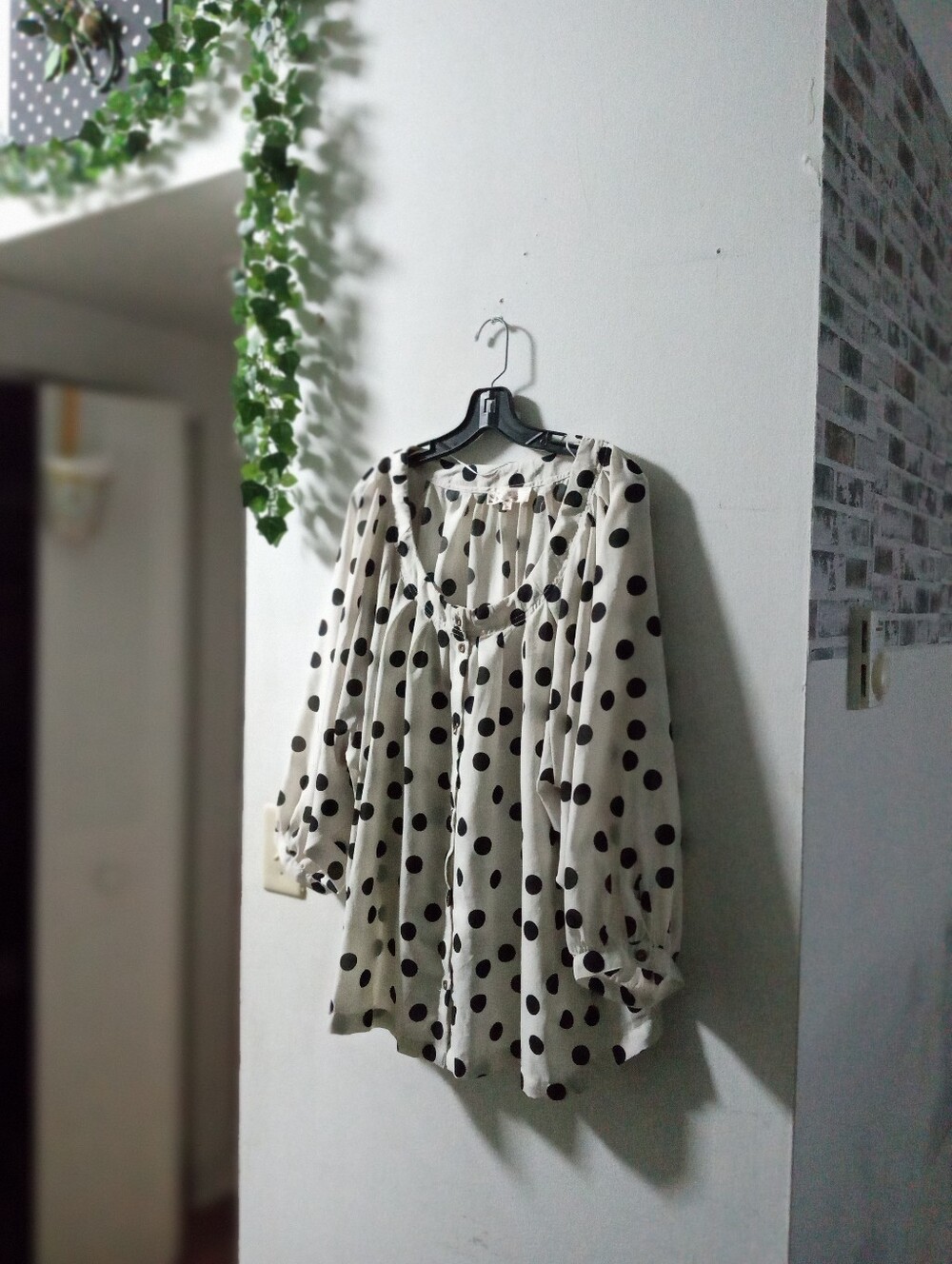 Polka Dot Long-Sleeve Blouse - Cream with Black Dots